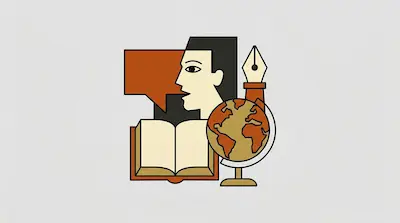 Flat illustration of a human profile, an open book, a globe, and a fountain pen nib in orange and cream tones.