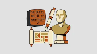 Flat illustration of a cuneiform tablet, a fountain pen, a scroll, and a stone bust on a light gray background.