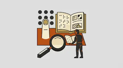 Flat illustration of a person reading a braille book next to a large magnifying glass and a finger pointing at dots