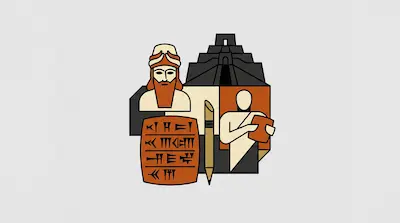 Flat illustration of a bearded king, a cuneiform tablet, and a ziggurat temple in orange and black tones