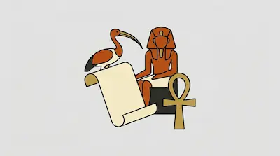 Flat illustration of an Egyptian pharaoh sitting by a papyrus scroll, an ibis bird, and a golden ankh symbol