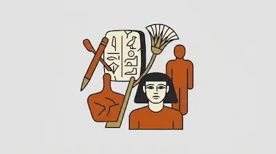 Flat illustration of an Egyptian scribe, a stone tablet with hieroglyphs, and a papyrus reed on a grey background