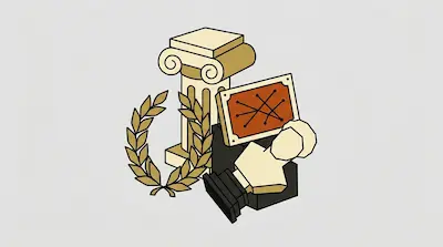 Flat illustration of a classical ionic column, a laurel wreath, and a geometric bust on a light grey background