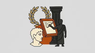Flat illustration of a Roman bust, a laurel wreath, and a silhouette figure writing on a tablet near a column