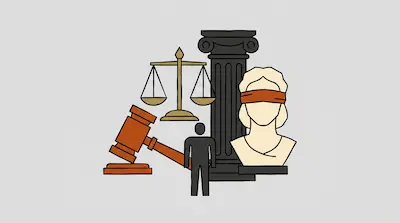 Flat illustration of a gavel, scales of justice, a blindfolded bust, and a human figure on a light gray background