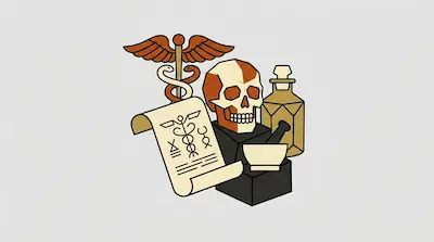 Flat illustration of a human skull, a caduceus staff, a scroll, and a mortar and pestle on a light gray background