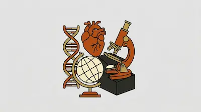 Flat illustration of a DNA helix, a human heart, a globe, and a microscope in orange and cream tones