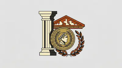 Flat illustration of a Roman coin with a laurel wreath, a stone column, and a temple pediment on a gray background