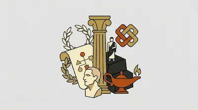 Flat illustration of a Greek column, a laurel wreath, and a philosopher bust in earth tones on a light gray background