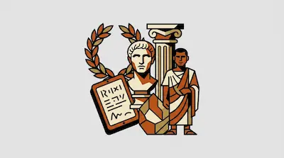 Flat illustration of a Roman bust, a laurel wreath, a stone tablet, and a man in a toga next to a classical column.