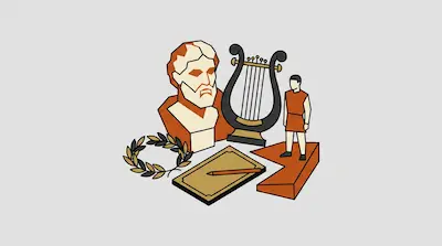 Flat illustration of a Greek bust, a lyre, a laurel wreath, and a small human figure on a light gray background