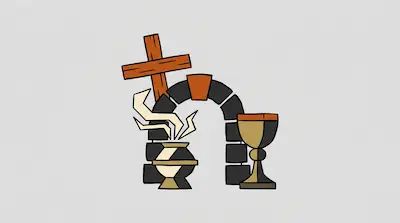 Flat illustration of a wooden cross, a stone archway, and a golden chalice on a light gray background