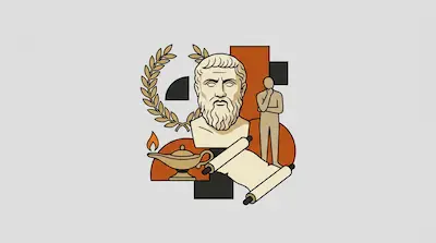 Flat illustration of a bearded philosopher bust with a laurel wreath, an oil lamp, and a scroll on a grey background
