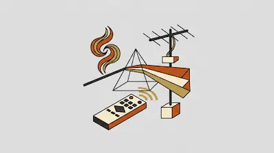 A prism refracts light into a spectrum of orange and tan shades, accompanied by a remote control, a TV antenna, and swirling shapes.
