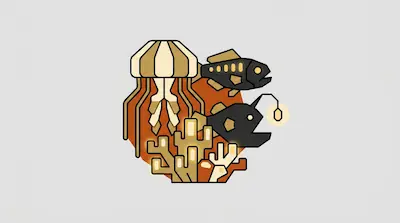 Stylized deep-sea creatures including a jellyfish, an anglerfish, and coral in a geometric design.