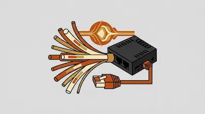 A black network switch with multiple orange and cream cables fanning out from it and an ethernet cable plugged into its side.