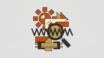 A geometric composition of a sun, a magnifying glass over a zigzag line, and various abstract shapes in shades of orange, tan, and black.