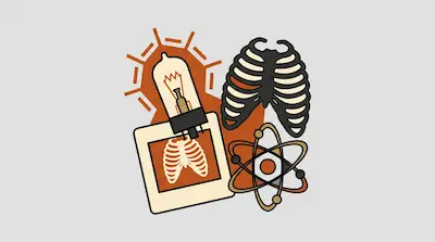 A stylized graphic featuring a vacuum tube, a rib cage, an X-ray photo, and an atomic model.