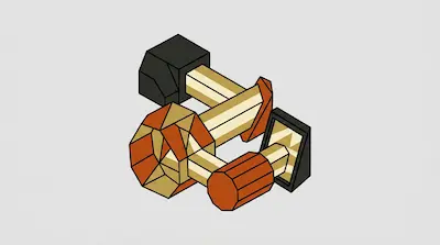 Interlocking geometric shapes including faceted cylinders and rings in black, tan, and orange-brown.