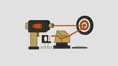 A stylized laser gun and a prism directing red beams toward the center of a target.