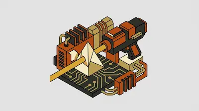 An isometric mechanical device with orange and black components, a circuit board base, and a central pyramid.