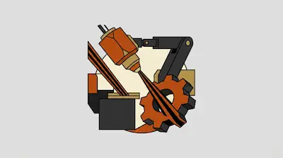 A robotic arm, a gear, and a laser tool emitting a beam are depicted in a stylized graphic with orange and black accents.