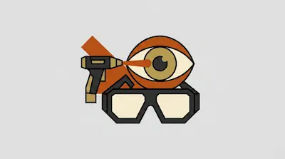 A power drill aims a beam at a large eye, with a pair of safety goggles positioned below.