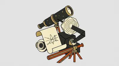 A cluster of astronomical instruments including two telescopes, a scroll with a diagram, and a camera-like device.