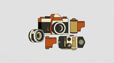 A vintage film camera, lens, film rolls, and a light meter in a flat graphic style.