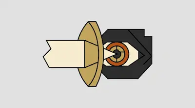 A cream-colored rectangular shape points through a gold disc toward a stylized eye set in a dark geometric form.