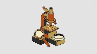 A stylized isometric arrangement of a microscope, magnifying glass, and petri dish in shades of orange and brown.
