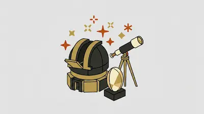 A stylized observatory dome, a telescope on a tripod, and a gold trophy are surrounded by floating stars.