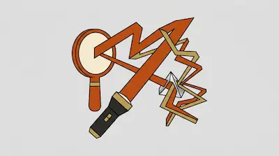 A flashlight shines a thick orange zigzag beam through a magnifying glass and a prism, splitting into multiple orange and tan lines.