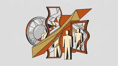 A simplified human figure stands amidst distorted mirrors and sharp geometric forms in orange, tan, and gray.