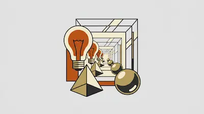 A series of light bulbs, pyramids, and spheres recede into a rectangular perspective tunnel.