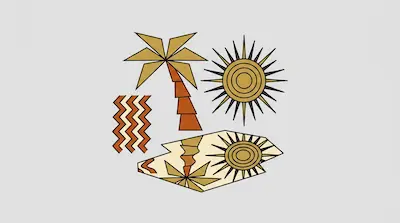 Geometric icons of a palm tree, sun, and zigzag pattern in earth tones, with a distorted reflection of the same elements below.