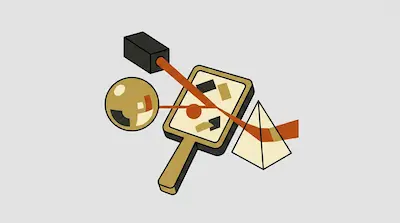 An orange beam of light reflects off a handheld mirror and a gold sphere, and refracts through a pyramid prism.