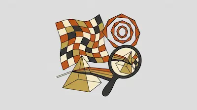 A collection of geometric shapes including a wavy checkered pattern, a spiral, and a pyramid prism with light rays, partially seen through a magnifying glass.
