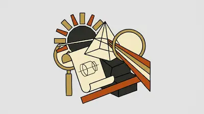 Stylized graphic featuring a sun, a prism with light rays, a magnifying glass, and a scroll with a technical drawing.
