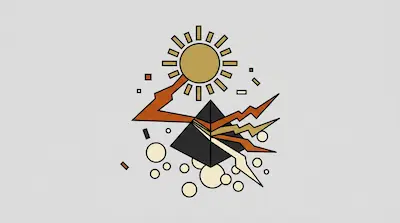 A black pyramid sits below a golden sun, with jagged orange and cream lines passing through it and circles scattered around the base.