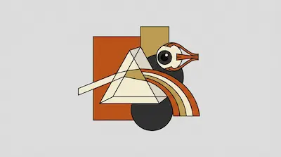 A geometric composition of a prism refracting light into a rainbow arc next to an eye, layered over orange and tan rectangles and dark circles.