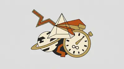 A graphic composition of a prism refracting light, a stopwatch with an infinity symbol, and a ringed planet.