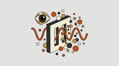 A stylized eye and a wavy line passing through a rectangular block with two vertical slits, surrounded by scattered circles of various sizes and colors.