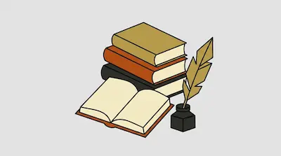 A stack of three books, an open book, and a quill pen in an inkwell.