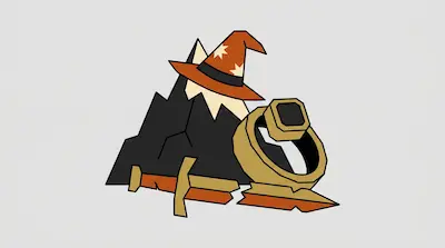 A dark mountain peak with an orange wizard's hat, a broken sword, and a gold ring.