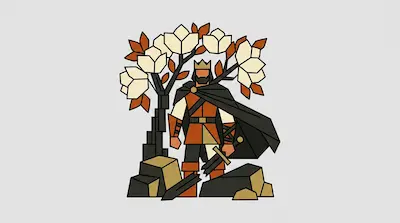 A bearded king wearing a crown and cape stands with a sword in front of a stylized tree with white flowers.