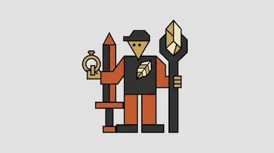 A minimalist geometric character wearing a cap and a vest with a leaf emblem, holding a ring, a sword, and a crystal staff.