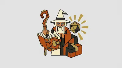 A geometric wizard with a white hat and beard holds a staff and an open book while a 20-sided die floats nearby.
