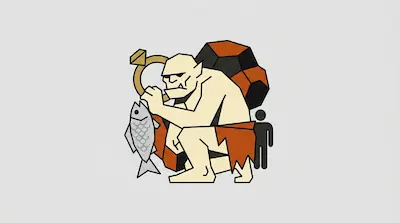 A pale, muscular creature crouches with a fish in its hand next to a large gold ring and a small human figure.