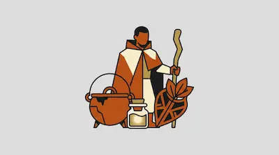 A person in a hooded cloak holds a staff next to a cauldron, a glowing jar, and a large leaf.